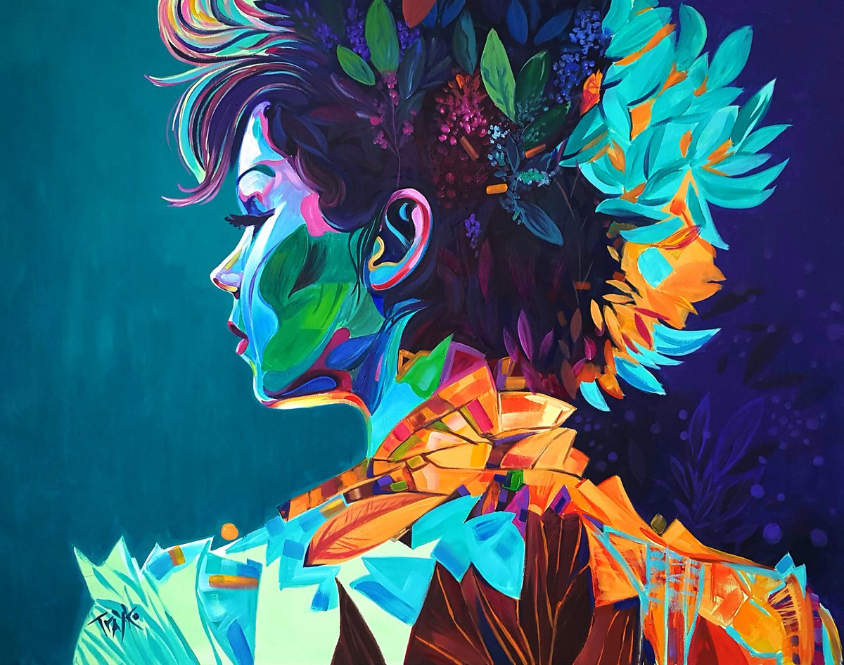 Abstract Portrait Acrylic Painting By Trayko Popov, 49 X 39", Sense Of Beauty, Original Artwork