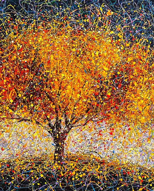 Large tree abstract painting Be like a tree Sun Autumn modern art Yellow orange three abstraction by Nadiia Antoniuk