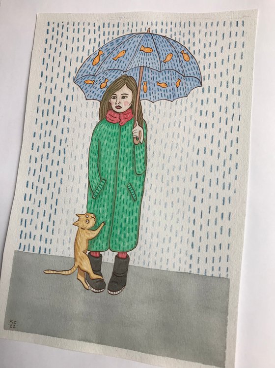 Umbrella & Cat - Mixed-media