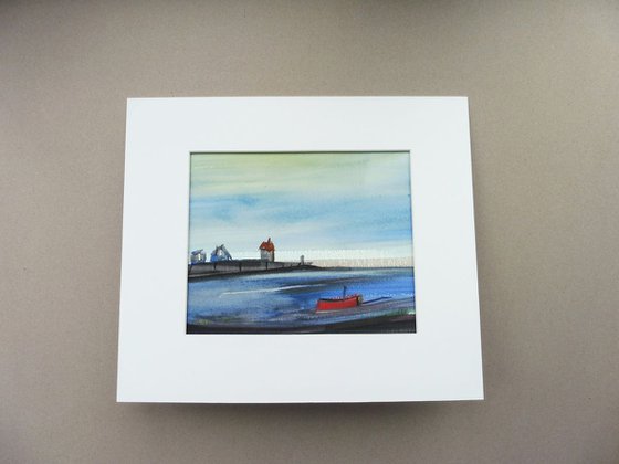 RED BOAT HARBOUR CEMAES BAY ANGLESEY. Original watercolour with mount (mat).