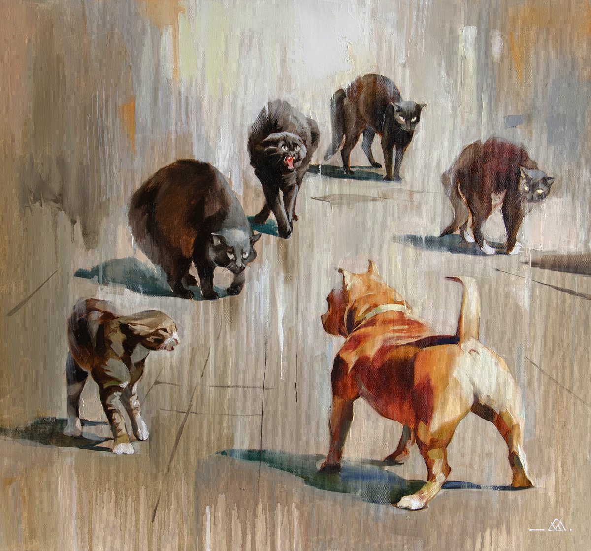 Impressionistic Animal Oil Painting By Valentin, 26 X 24", Street Hooligans, Original Artwork