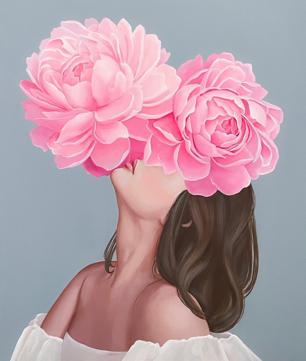 Portrait Acrylic Painting By Elina Zelena, 22 X 26, Inhaling The Scent Of Peony, Original Artwork
