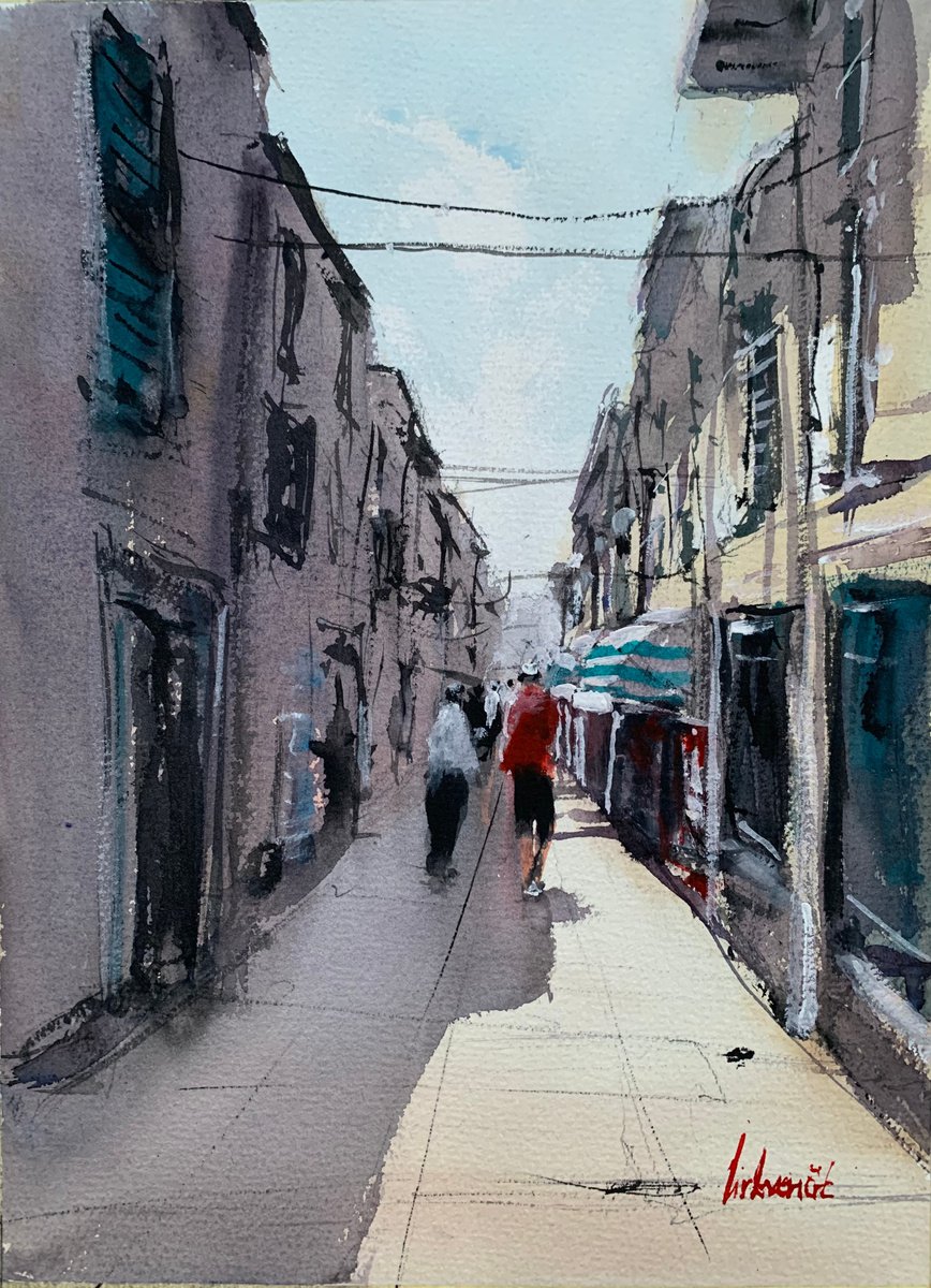 Impressionistic Cityscapes Watercolour By Tihomir Cirkvencic, 10 X 14", Mediterranian City, Street Scene Ii, Original Artwork