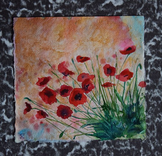 Floral watercolor painting on craft paper Red poppies with golden sky