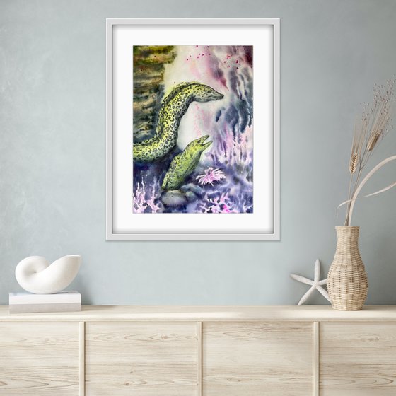 Moray eels in a coral reef. Underwater wildlife. Original watercolor.