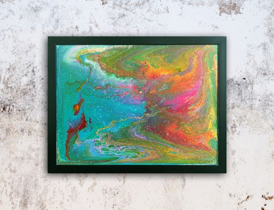 "Waterworld, Coming Soon" - FREE USA SHIPPING - Original Abstract PMS Fluid Acrylic Painting, Framed - 26 x 20 inches