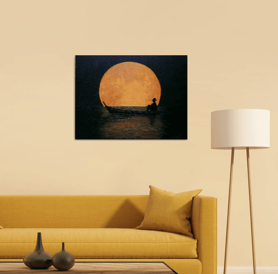 Magic Night - full moon, starry night, boat on lake;  home, office décor