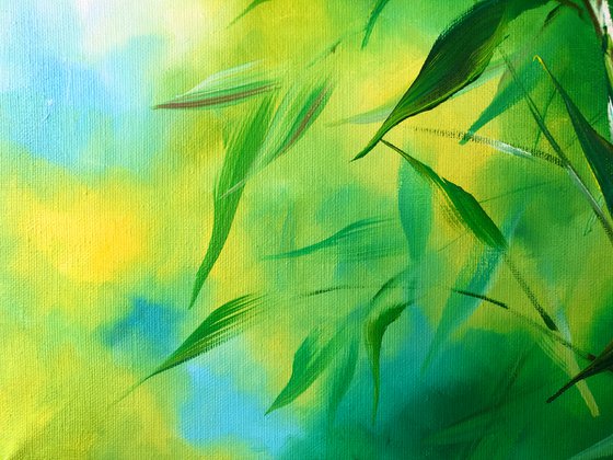 GREEN PORTAL - Set. Modern diptych with a green leaves. Painting with a wood landscape on canvas. Green bamboo oil painting.