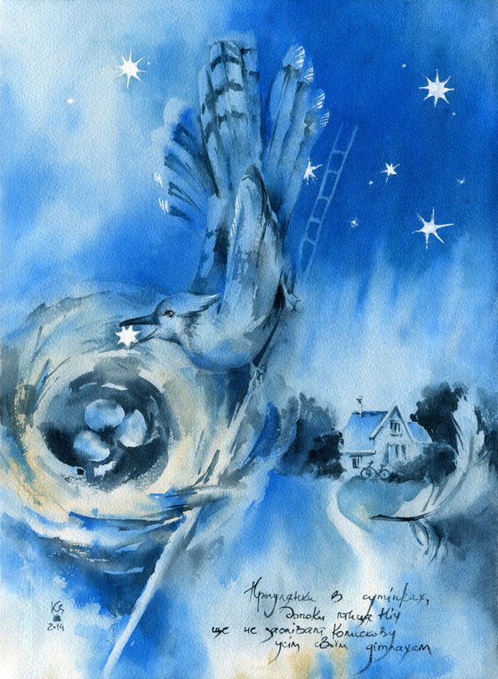 "Night" original watercolour fairy tale painting in blue tones
