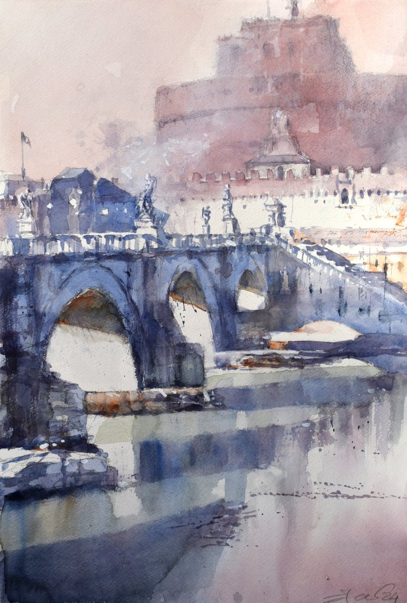 Impressionistic Cityscapes Watercolour By Goran Zigolic Watercolors, 15 X 22, The Angels