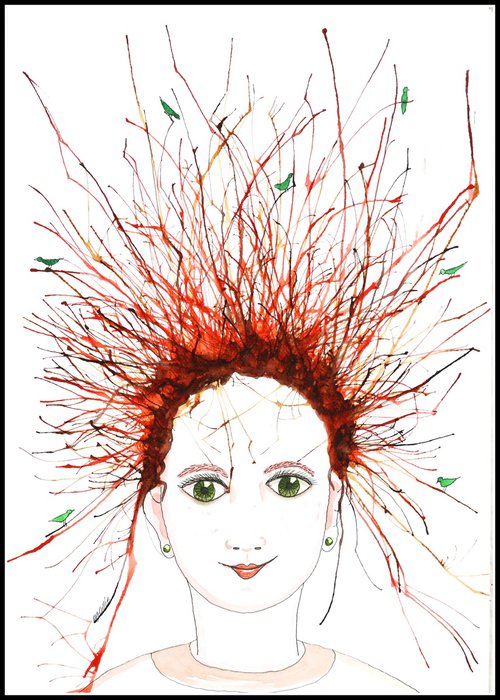 Bad Hair Day, green birds by Mariann Johansen-Ellis