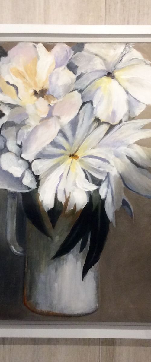 White flowers in jug by Linda Bartlett