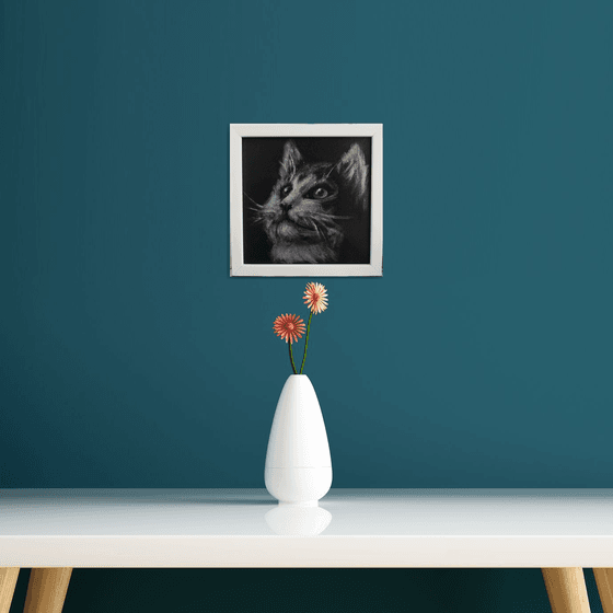 Little cat Black and Silver Monochrome art Framed and Ready to hang