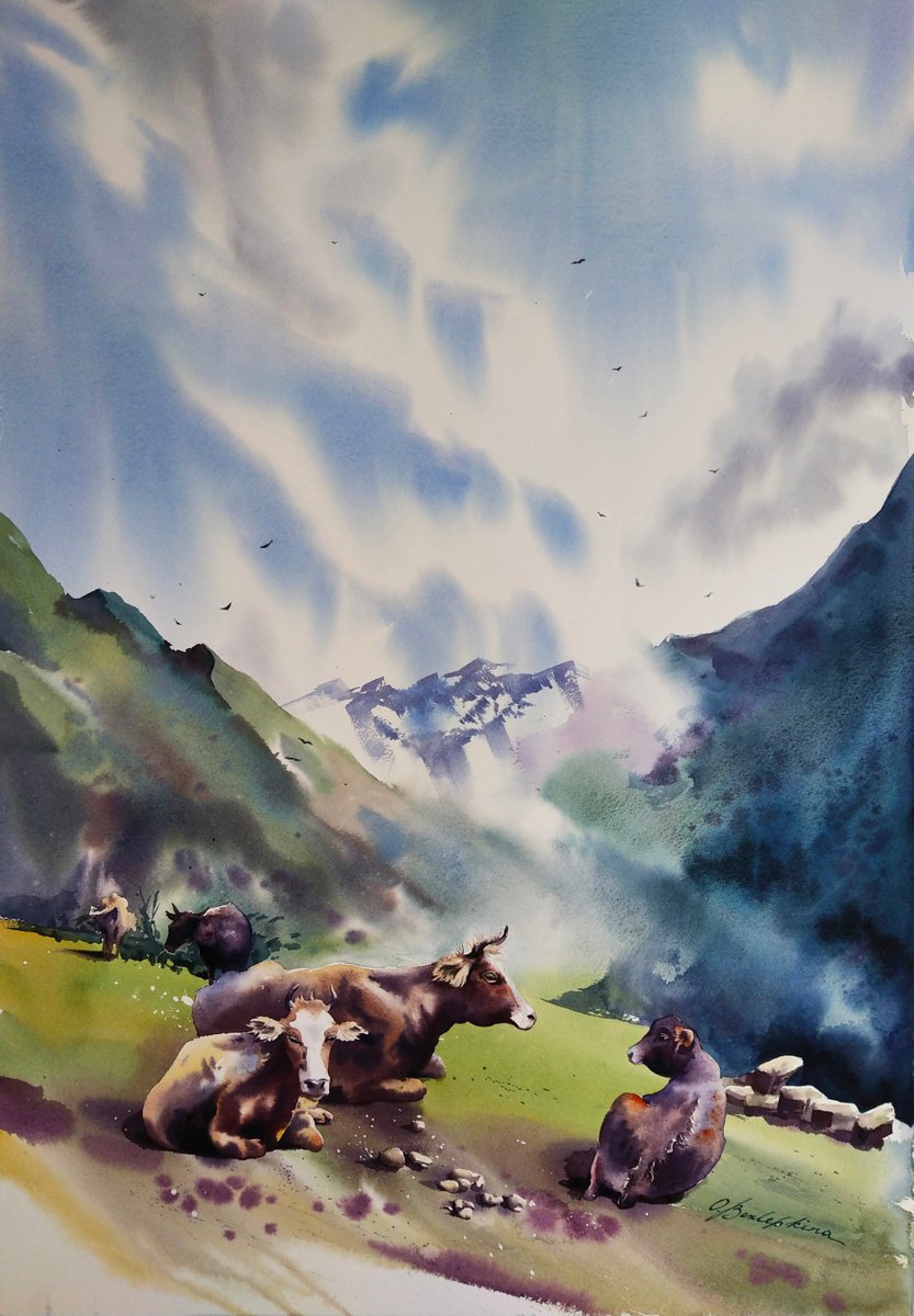 Irik-Chat. Magical creatures. Cows - cows with calves in a mountain pasture by Olga Bezlepkina
