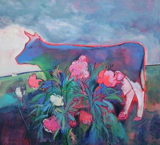 Neon Cow and Peony Bush