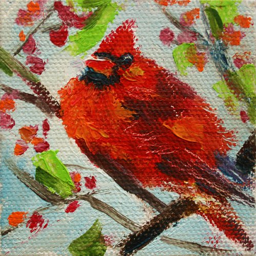 Cardinal / FROM MY A SERIES BIRDS OF MINI WORKS  / ORIGINAL OIL PAINTING by Salana Art Gallery