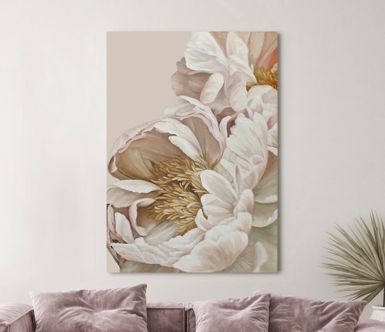 "Gray Silk Flowers" Gray white peony art