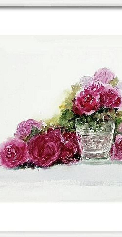 Pink Roses in a glass vase by Asha Shenoy