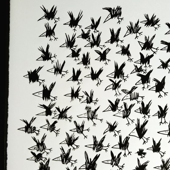 Lots of Crows and a Sparrow - lino print