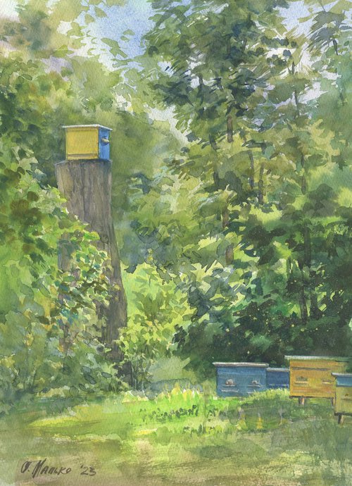 Bee swarm catcher /ORIGINAL watercolor ~11x14in (28x38cm) by Olha Malko