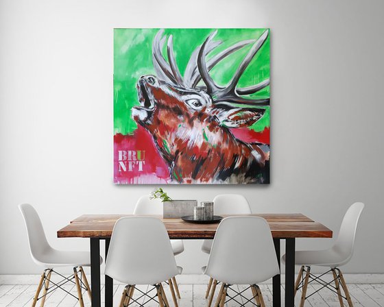 'BRUNFT' #6 - Rutting red deer - Work series 'Deer in pink' - PopArt in Pink and Green