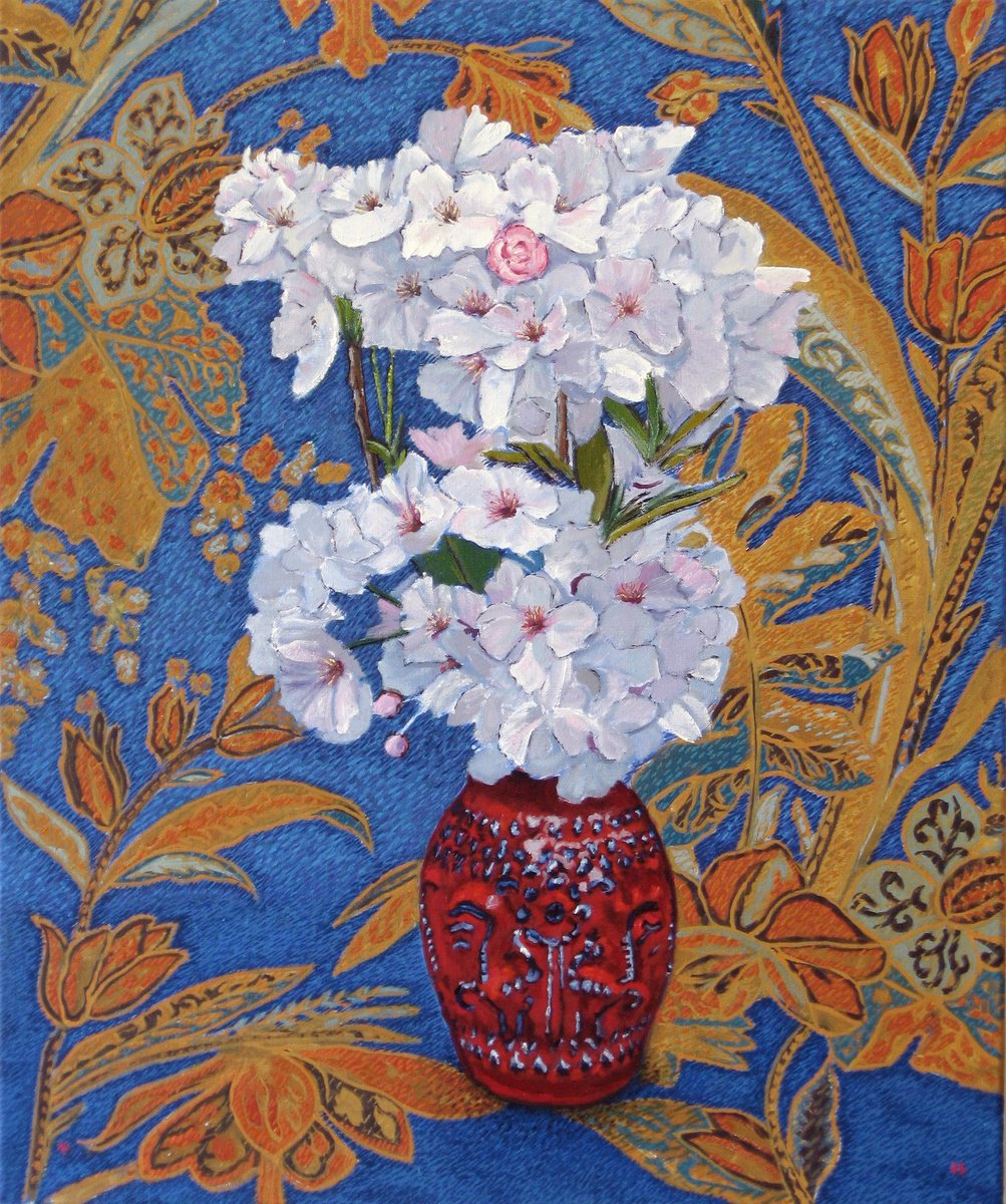 Botanical Oil Painting By Richard Gibson, 20 X 24", Cherry Blossom In A Red Vase, Original Artwork