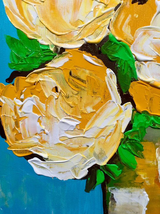 ABSTRACT BOUQUET OF Yellow Roses  #17 ( NAIVE COLLECTION)  palette   knife Original Acrylic painting office home decor gift