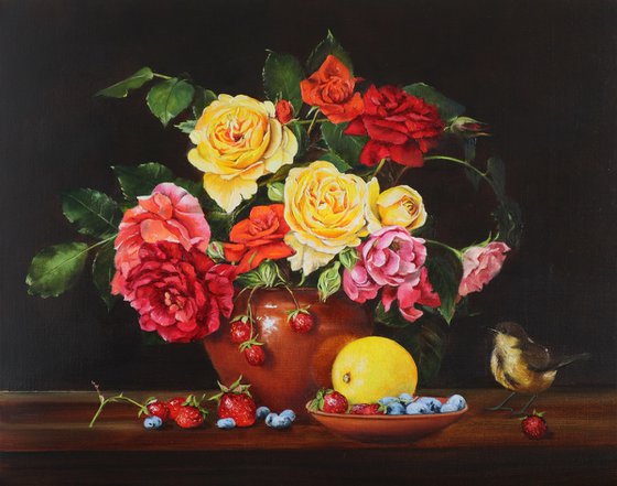 Garden Roses and Little Bird