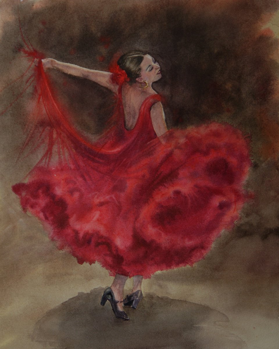 Flamenco Dancer in Red Dress - Spanish Flamenco Dancer - Passionate dance by Olga Beliaeva Watercolour