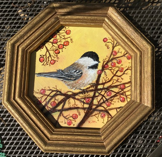 Chickadee # 20 - oil on 8X8 octagonal canvas