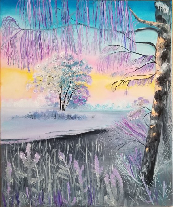 Winter Sunset. Original Oil Painting on Canvas. Valentines Day Gift. Perfect Gift. Wall Decoration. Home Decor. Impressionist Art. Wall Art. Wall Decor. Gift for Couple. 20" x 24". 50,8 x 60,9 cm. 2019.