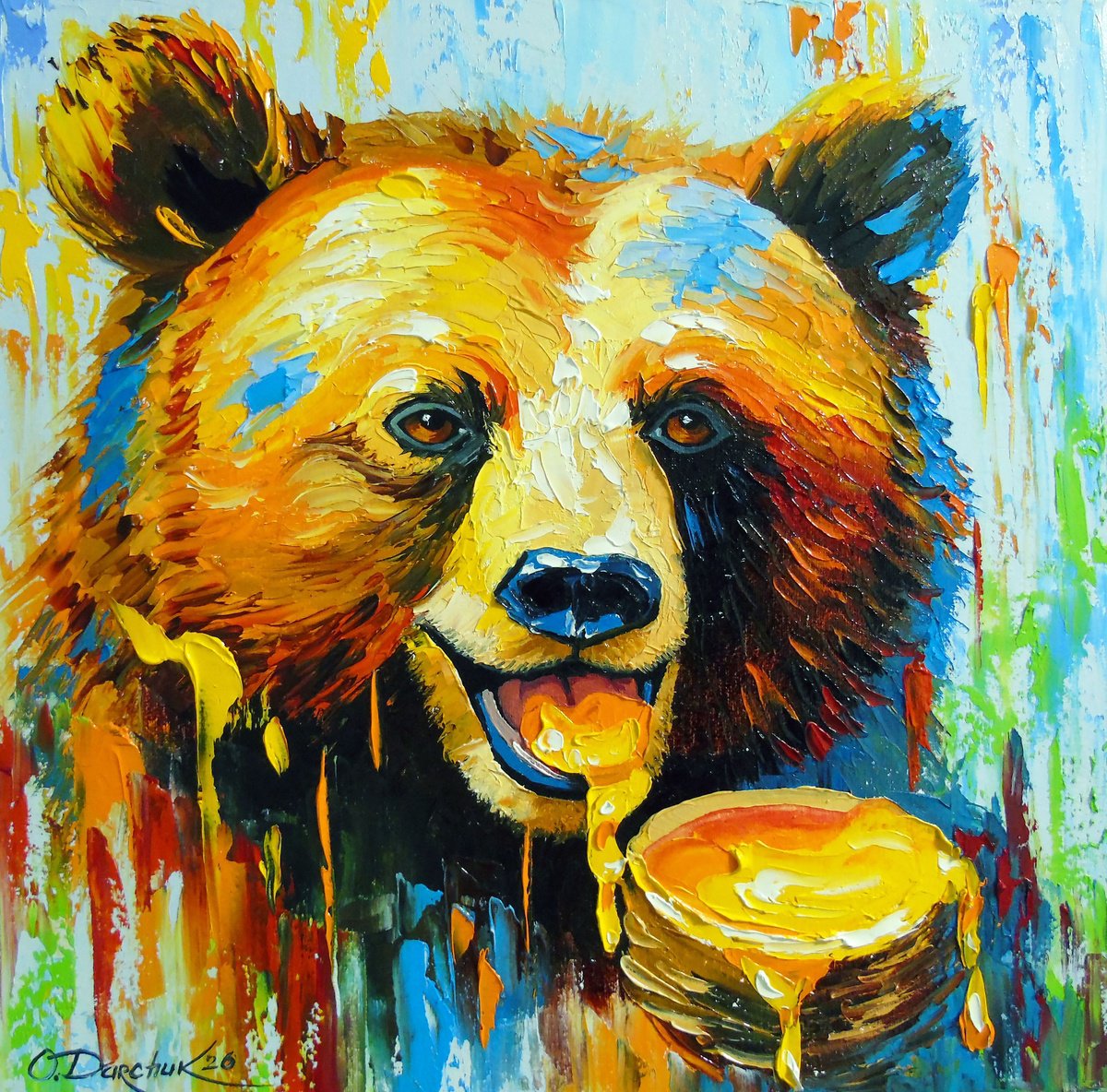 Bear Enjoying Honey By Olha Darchuk, 16 X 16, Artwork For Sale On Artfinder