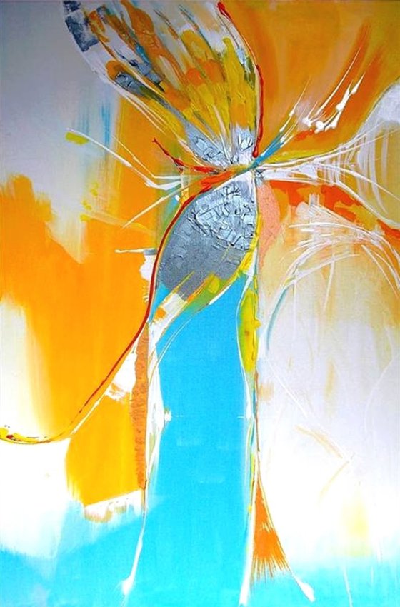 "Spread Your Wings" Abstract Large Painting, large original painting, 24 x 36, Metallic White Painting,Texture Art palette knife, Orange Gold, acrylic original