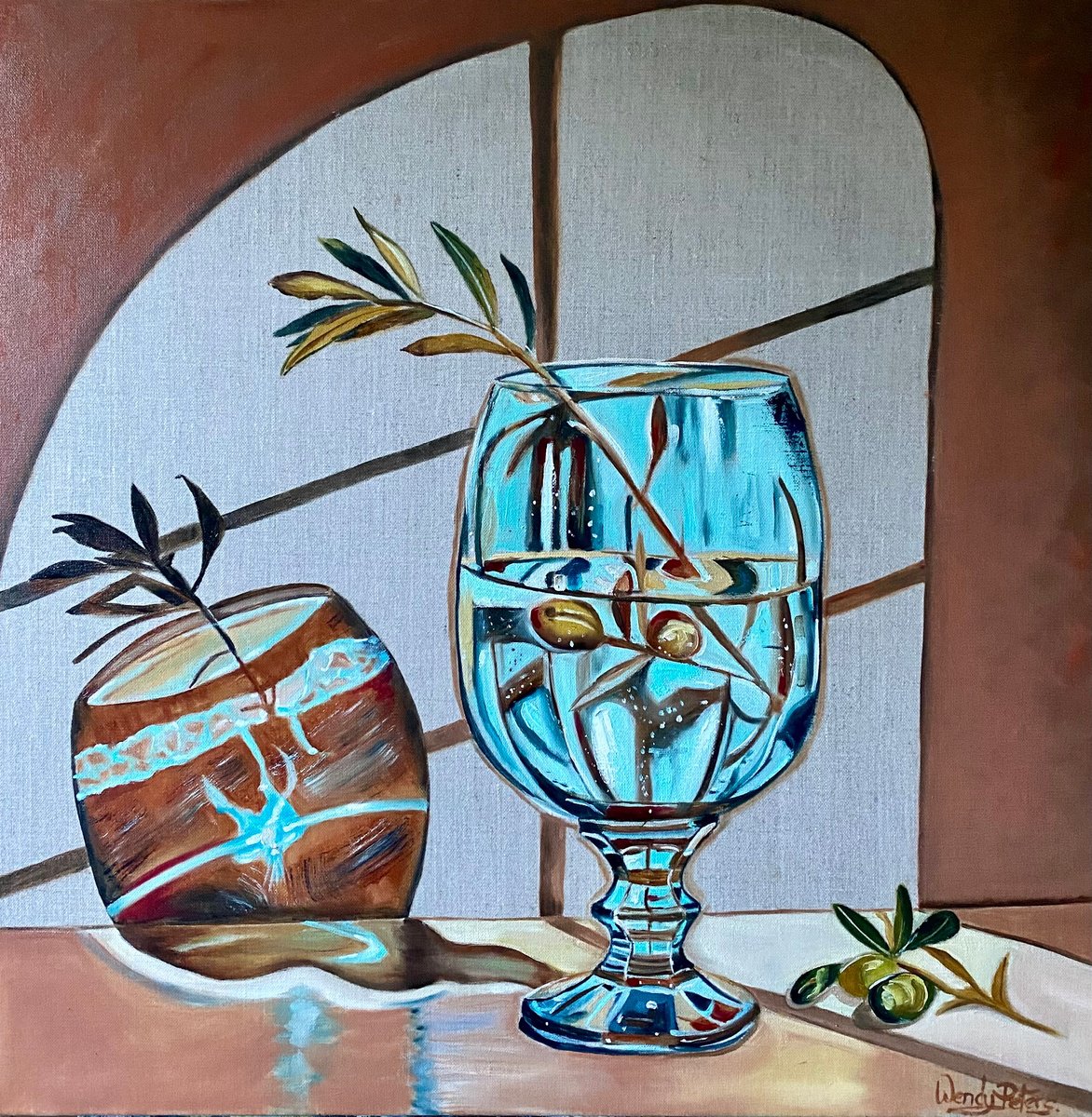 Organic Still Life Oil Painting By Wendy Peters, 24 X 24", Blue Glass And Olive Branch, Original Artwork