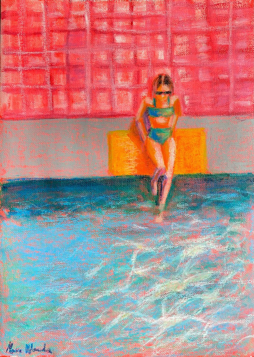 Expressive Portrait Pastel Drawing By Mara Wanda, 8 X 12", The Swimming Pool, Original Artwork