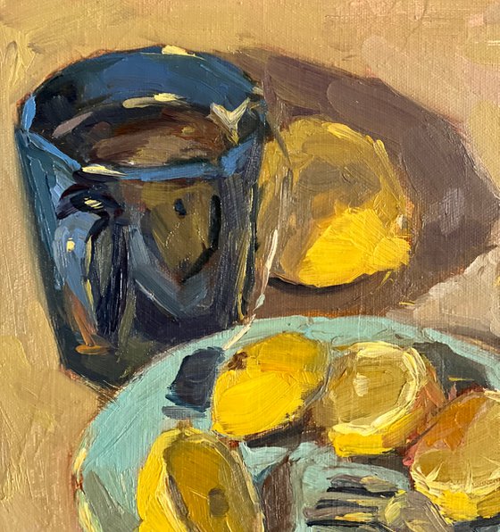 Still life Oil Painting - Lemon slices and tea