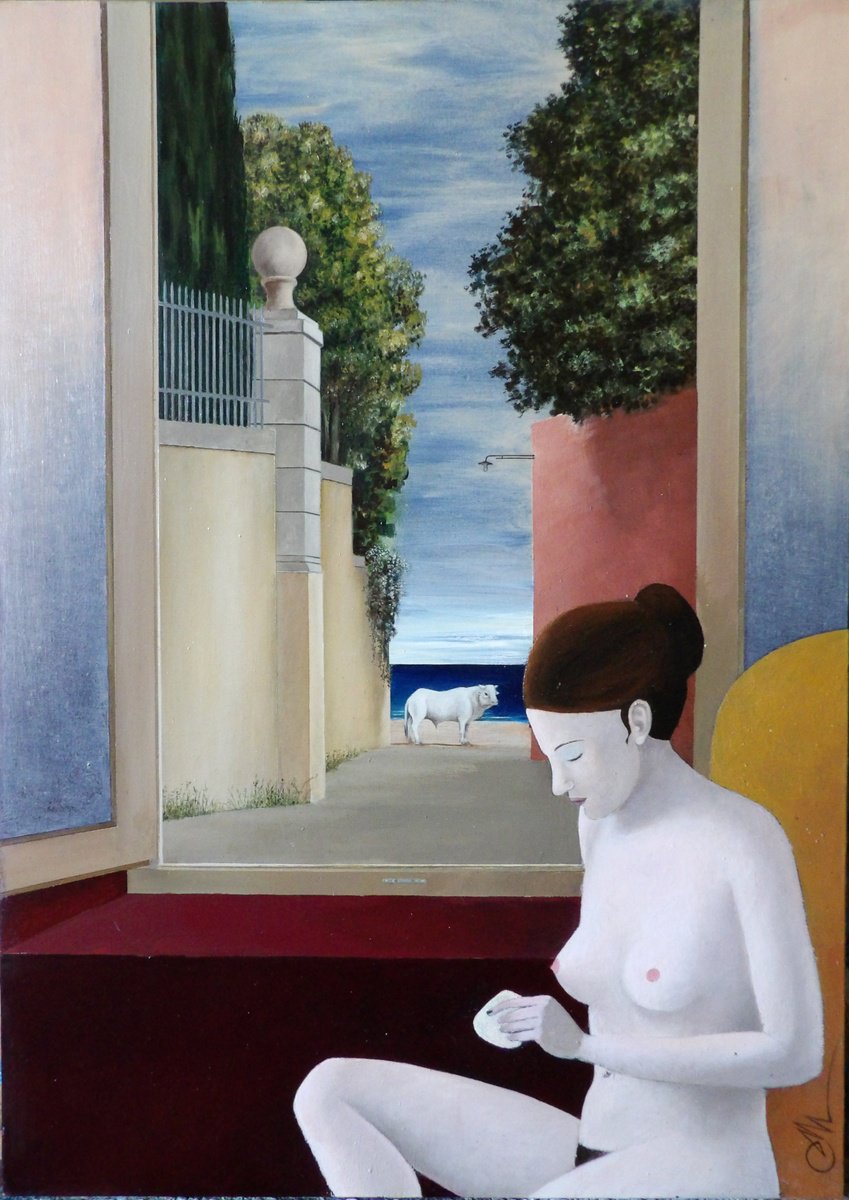 Surrealistic Landscape Oil Painting By Cecco Mariniello, 20 X 28, By The Window, Original Artwork