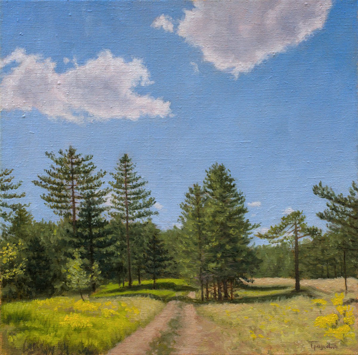 Photorealistic Landscape Oil Painting By Dejan Trajkovic, 19 X 19, Walk In A Plein Air, Original Artwork