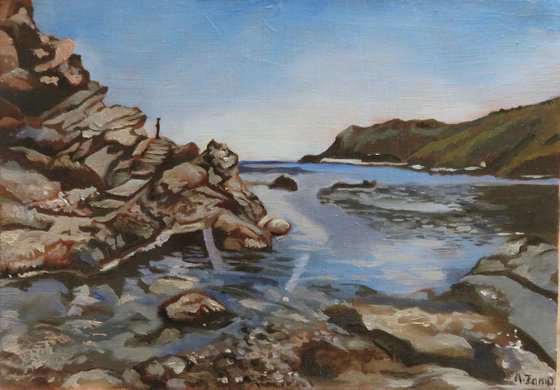 Portbou  Cove, Seascape, Orignial Oil Painting by Anne Zamo