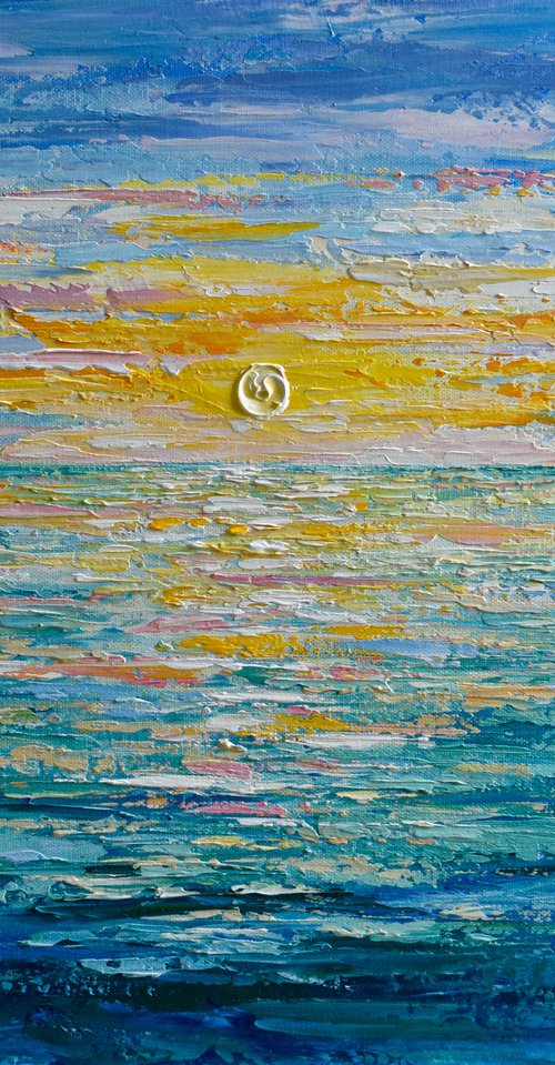 Sunrise - Impressionist seascape painting, ocean sunrise palette knife art by Olga Tkachyk