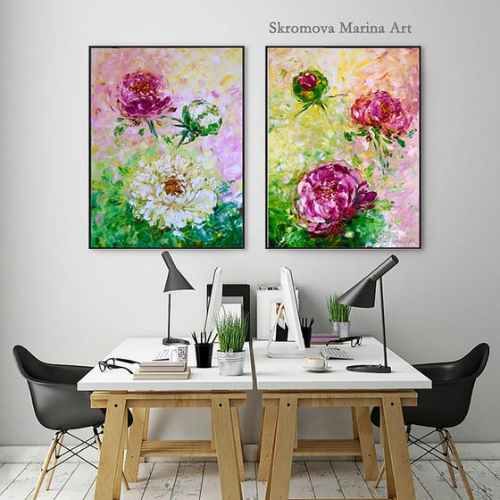 WINDOW TO THE GARDEN - Peonies. Diptych. Pink peony. Chrysanthemums. White. Voluminous bud. Macro style. two paintings. Flower set.