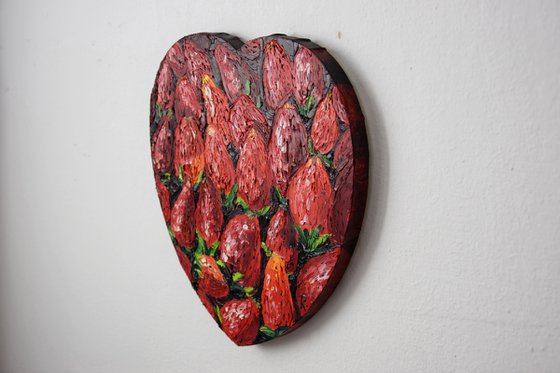 Strawberry oil painting on heart shape canvas, red berry original wall art
