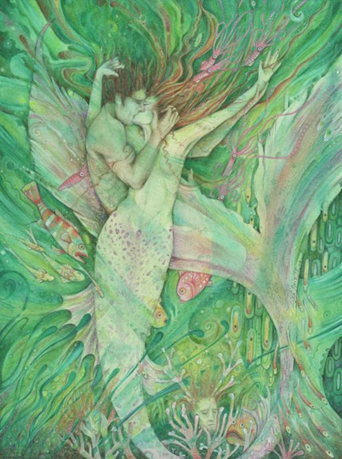 The Mermaid and the Sailor painting of mermaid lovers in watercolor by Liza Paizis