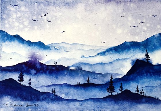 Blue misty mountains.