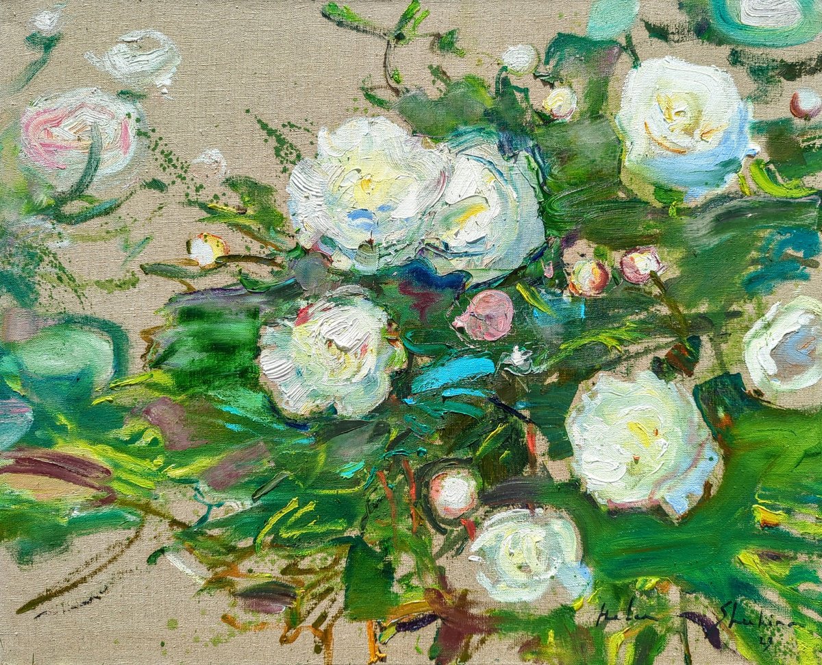 Expressive Botanical Oil Painting By Helen Shukina, 31 X 26, White Peonies On Linen Background, Original Artwork