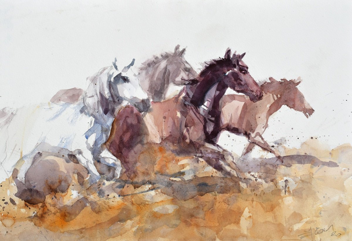 Expressive Animal Watercolour By Goran Zigolic Watercolors, 20 X 14, Running Horses 2, Original Artwork