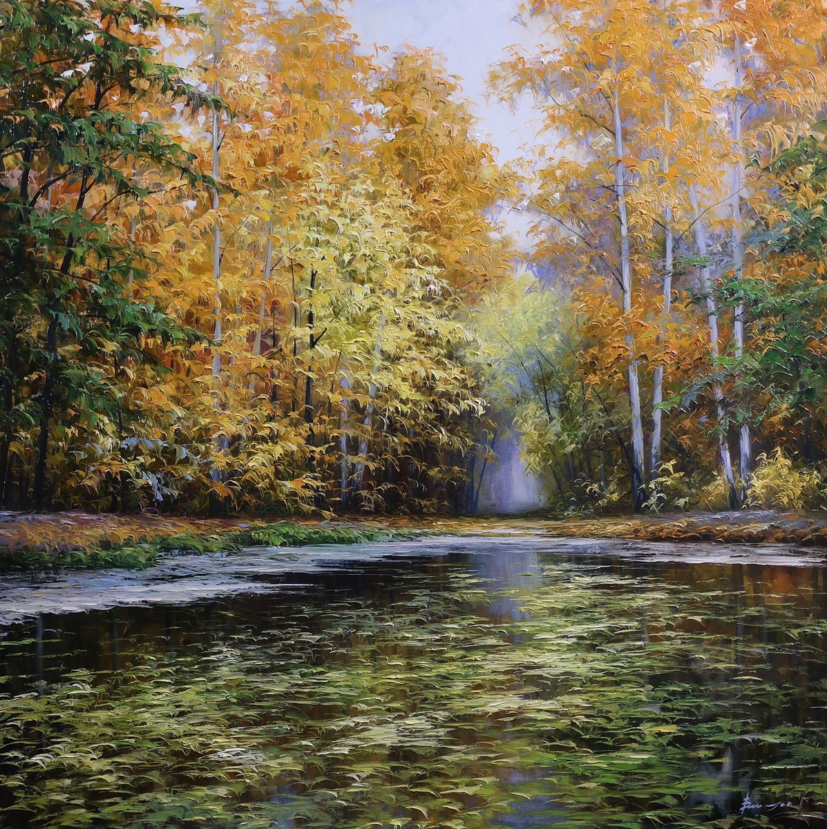 Impressionistic Landscape Oil Painting By Gennady Vylusk, 31 X 31, Autumn Morning, Original Artwork