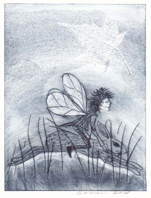 Fairy riding a hare with embossed leaf by Catherine O’Neill