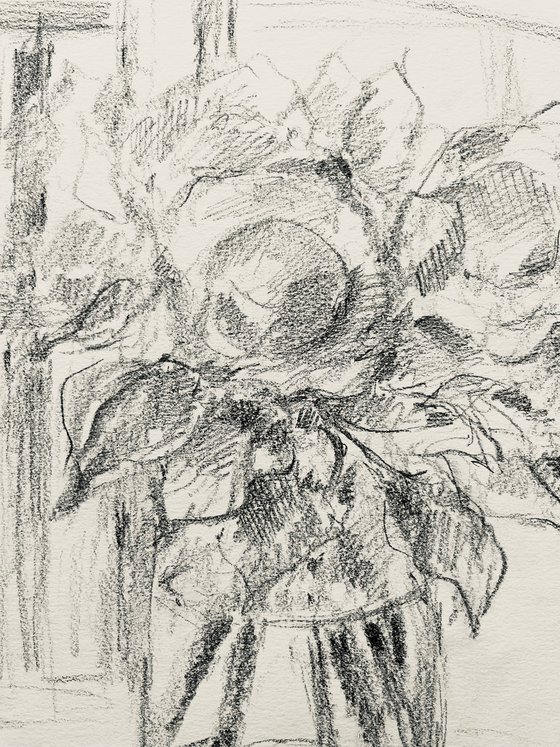 Roses by the window 2020. Original charcoal drawing