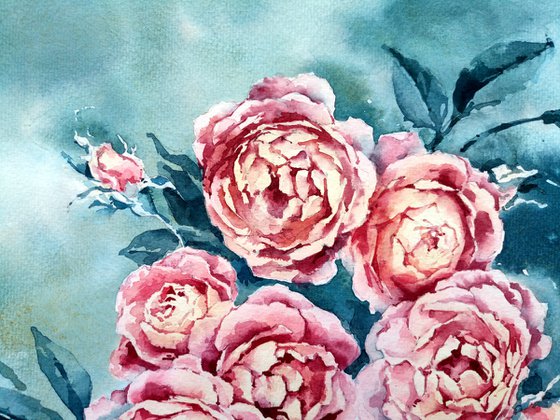 Abstract watercolor painting "Pink roses" square format